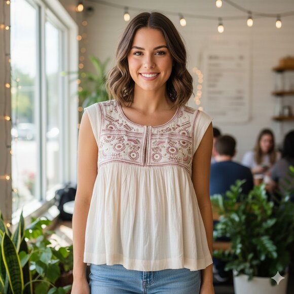 Lucky Brand Cream and Pink Embroidered Blouse - Picture 1 of 9